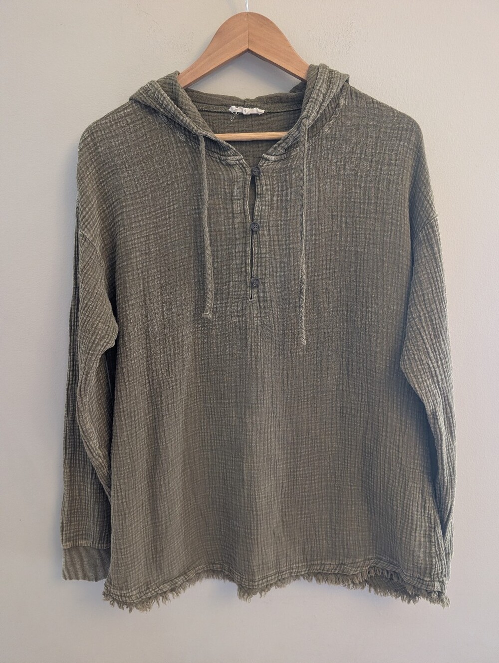 Easel Olive Green Washed Cotton Gauze Hoodie Size S Boho Casual